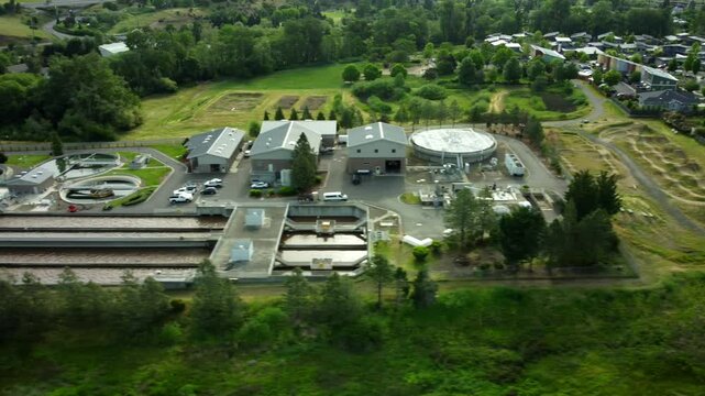 USA, OR, Ashland, WWTP, 45426 - Wastewater Treatment Plant in the North of Ashland. Flying North parallel to the plant.