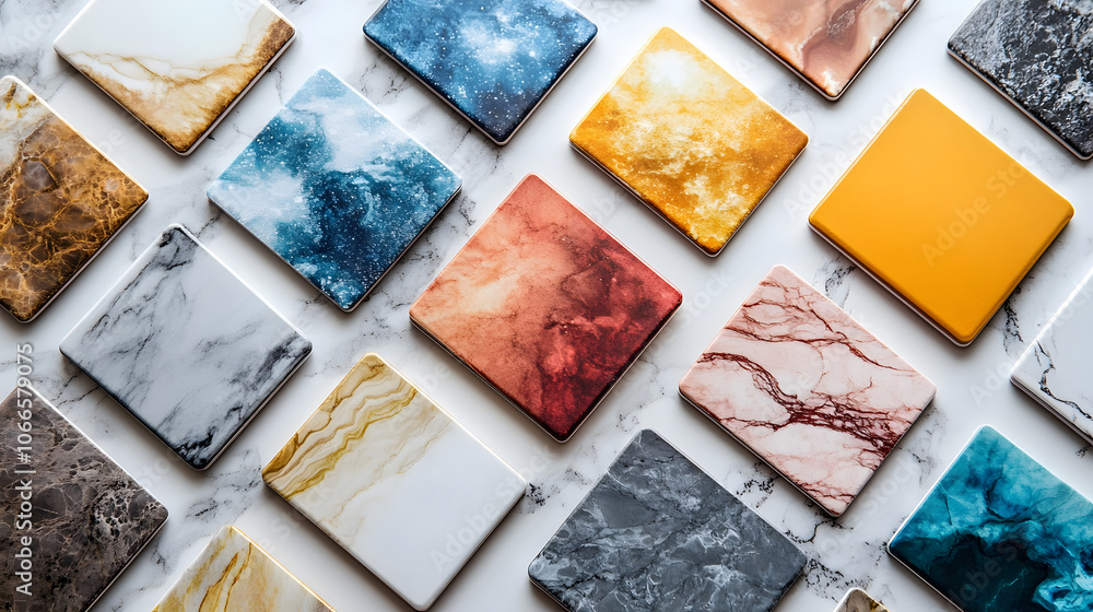 Poster a colorful collection of various textured tiles showcasing different patterns and colors, perfect fo