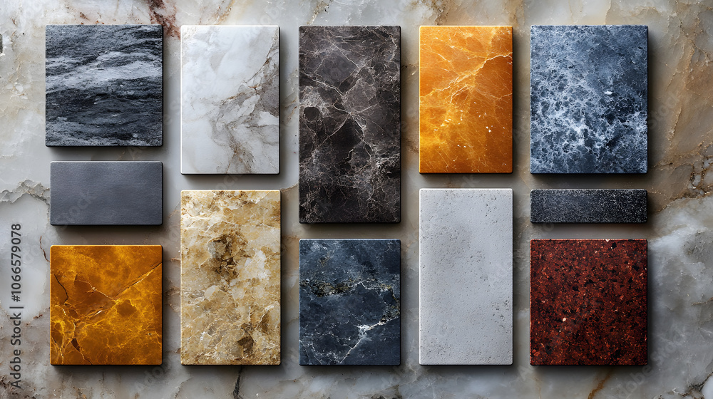 Poster A collection of various colored and textured stone tiles arranged systematically, showcasing shades of gray, brown, and gold against a marble surface.