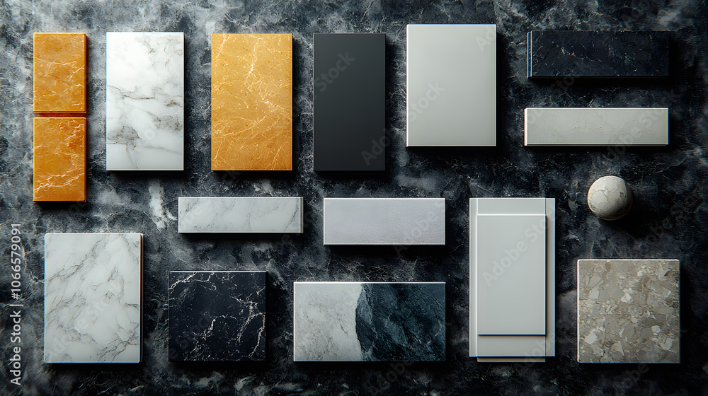 Poster a stylish collection of various stone and marble samples arranged on a dark surface, showcasing dive