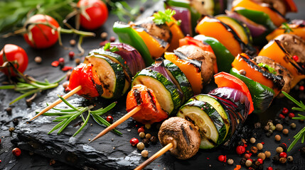 Grilled food, Selection of grilled vegetables on skewers including