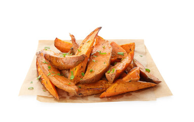 Tasty cooked sweet potatoes with parsley isolated on white