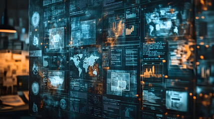 A digital display wall featuring data visualizations, world maps, and performance metrics in a futuristic setting.