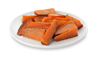 Pieces of tasty baked sweet potato isolated on white