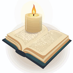 Illustration of a book with a lit candle on a white background 