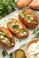 Tasty cooked sweet potatoes with feta cheese, green onion and parsley on table, flat lay