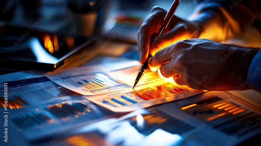 Poster analyzing stock reports with charts and graphs
