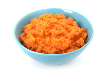 Tasty mashed sweet potato in bowl isolated on white