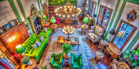 Naklejka premium Aerial View of Vintage Boutique Interior Decor with Antique Furniture, Retro Lighting, and Unique Accessories for Stylish Home Decor Inspiration