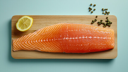 Fresh Salmon Fillet with Lemon Slice and Capers on Wooden Board