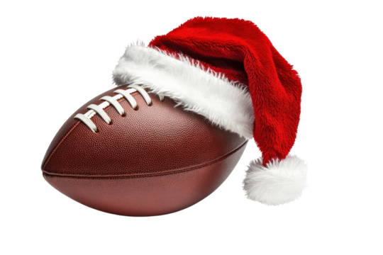A festive football wearing a red and white Santa hat on a white background.