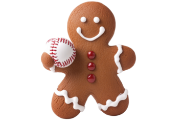 Gingerbread cookie holding a baseball, cheerful and festive design, white background.