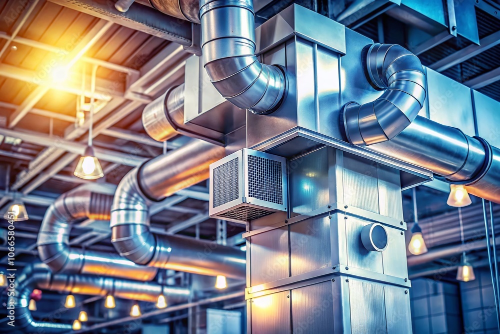 Poster Air Handling Unit Components in Building Ventilation with Bokeh Effect | HVAC System Elements | Indoor Air Quality | Energy Efficiency | Modern Architecture