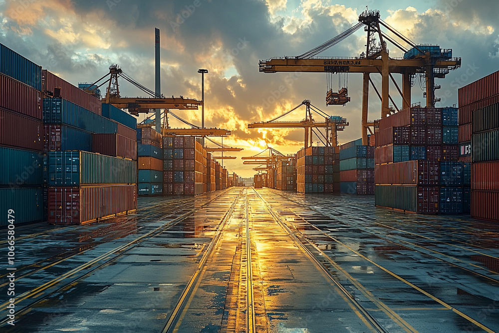 Aufkleber sunset over a busy shipping port with stacked containers and cranes