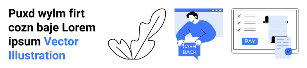 Abstract leaf outline, person holding cash back sign, payment form with pay button and list. Ideal for financial services, fintech apps, cashback promotions, e-commerce, online transactions, digital