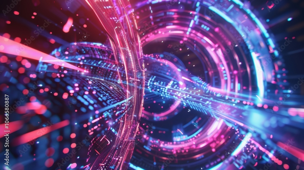 Poster glowing neon light trails and digital data stream rapidly transmitting through cyberspace tunnel, cr