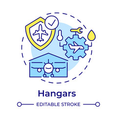 Hangars multi color concept icon. Airline management. Aircraft maintenance, engineering. Round shape line illustration. Abstract idea. Graphic design. Easy to use in infographic, presentation