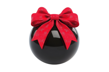 Elegant black ornament with a red ribbon bow, perfect for holiday decorations.