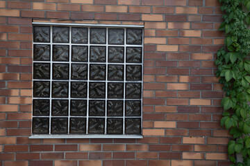 Glass brick window on the brown stone brick wall and green leaves, 
No person, vertical format