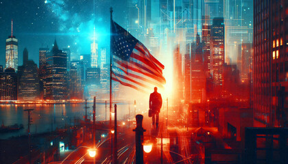 Ein Mann geht unter der Flagge von Amerika nach Hause. Amerikanische Träume und städtische Realität. Abstrakte Darstellung vom amerikanischen Traum.