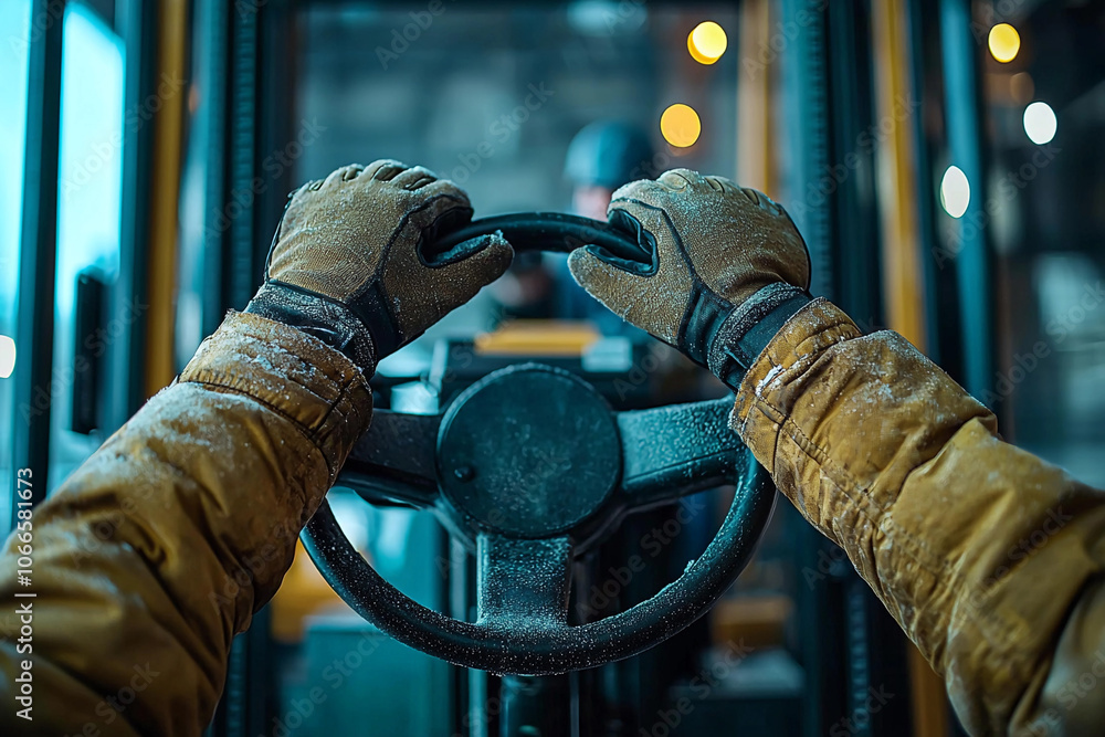 Poster operator controls a forklift while working in a warehouse