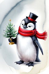 a very cute New Year's penguin in a hat and a red scarf on a neutral blue background holds a Christmas tree with decorations