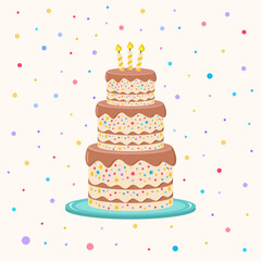 Tiered delicious sweet cake with chocolate layers and icing. Delicious confection isolated cartoon vector illustration.