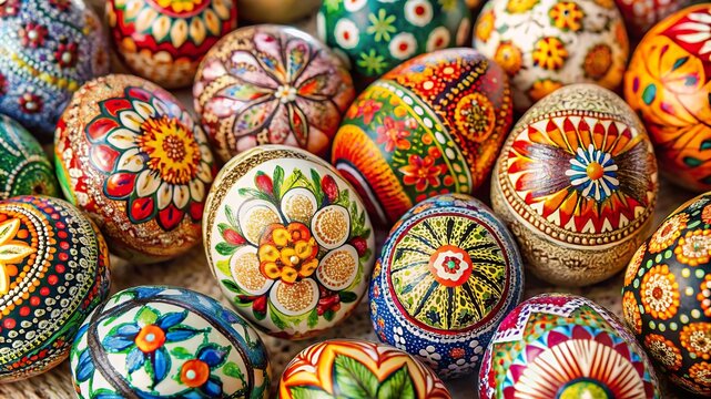Beautifully decorated eggshell art displayed on a textured surface, showcasing intricate designs and vibrant colors
