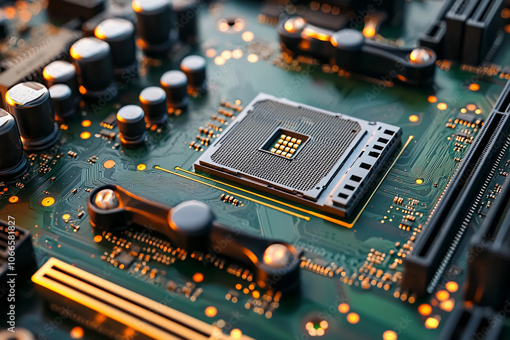 Poster close-up of a microchip on a printed circuit board at sunset