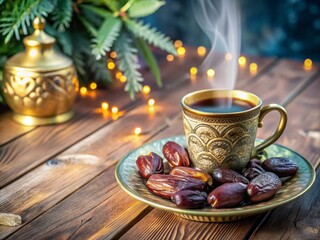 Fototapeta premium Aromatic Coffee and Dates with Golden Ornament on Wooden Surface - Aesthetic Food Photography for Coffee Lovers, Cozy Moments, and Gourmet Experiences