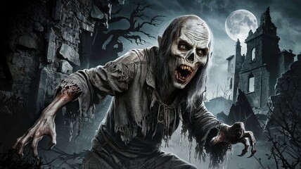 Scary Halloween zombie and vampire at night with spooky makeup and dark costume
