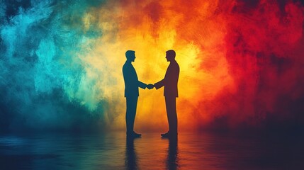 Obraz premium Two stylized figures are shaking hands against a vibrant abstract backdrop