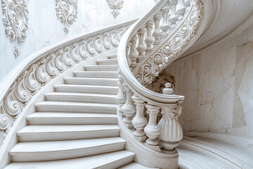 Grand white spiral staircase in an ornate interior design