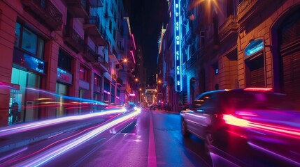 Obraz premium The narrow streets of the city transformed into glowing canyons by the movement of car lights.