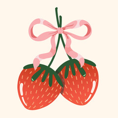Red strawberries with pink ribbon bow style, beautiful decorative elements.