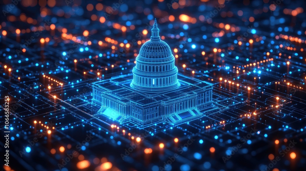 Poster a digital rendering of the us capitol building, depicted as a glowing, wireframe structure against a