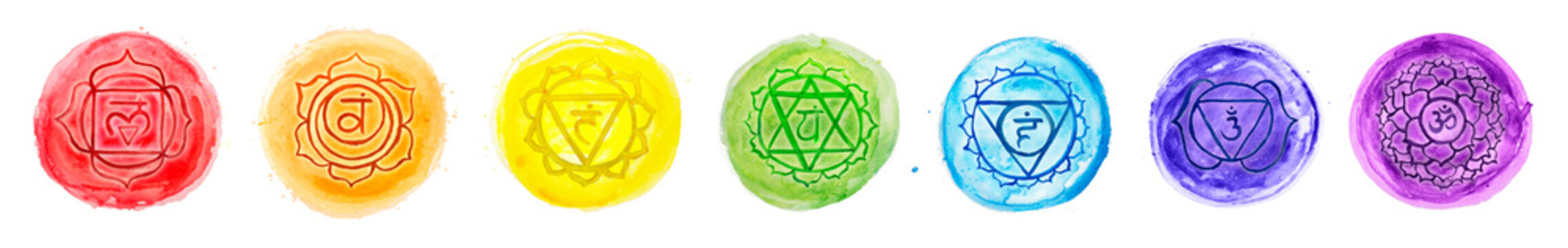 Chakras set: muladhara, swadhisthana, manipura, anahata, vishuddha, ajna and sahasrara symbol. Om sign. Aquarelle circles. Watercolor style. Sacral icon. Meditation