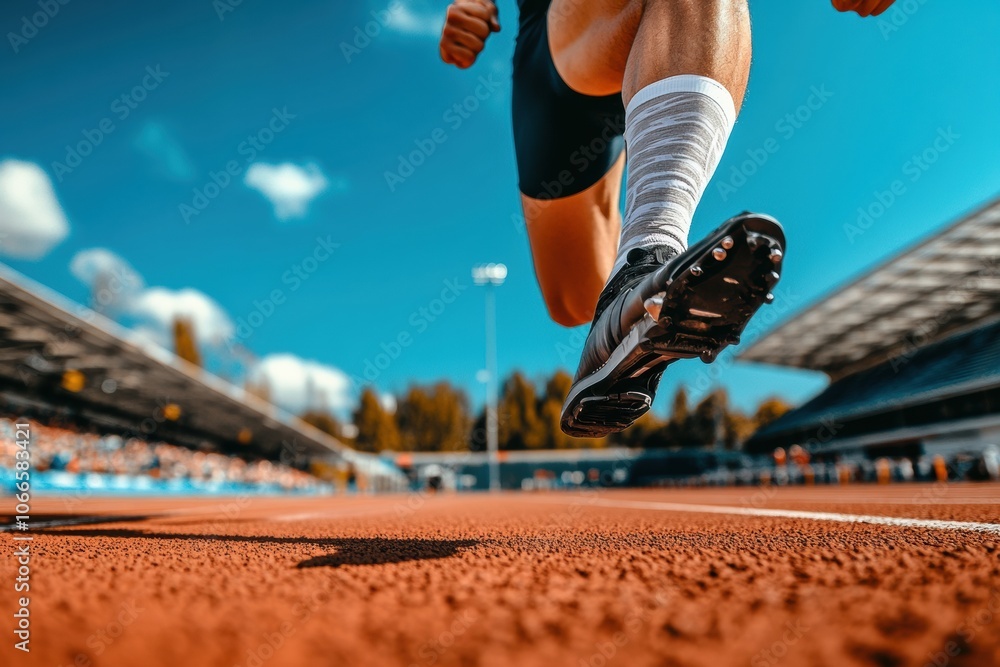 Poster An athlete runs swiftly on a track, showcasing determination and skill while utilizing a prosthetic leg against a clear blue sky. Generative AI
