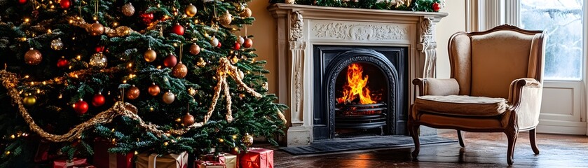 Naklejka premium A Christmas Tree, Fireplace, and Armchair in a Cozy Room