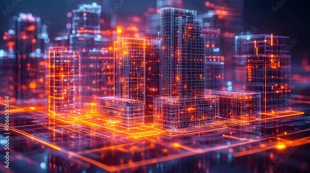 Aufkleber a futuristic digital cityscape with glowing buildings and interconnected lights, representing advanc