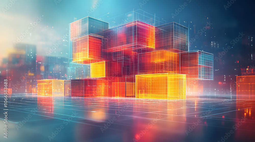 Poster a futuristic digital landscape featuring glowing, translucent cubes stacked in an abstract arrangeme