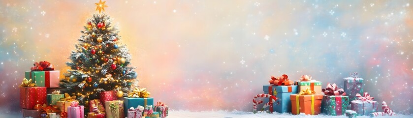 Decorated Christmas Tree with Presents and Falling Snow