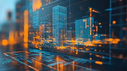 A futuristic cityscape with glowing digital elements, representing technology and innovation in urban architecture.