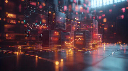 Fototapeta premium The image features a futuristic data visualization scene with glowing graphics, representing digital analytics in a high-tech environment.