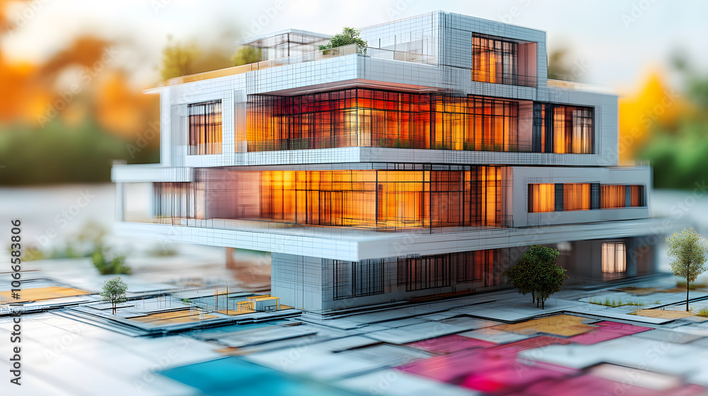 Poster A modern architectural model showcasing a multi-level building with large glass windows, surrounded by landscaped areas and colorful pathways.