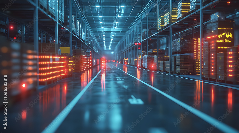 Aufkleber A futuristic data center with illuminated server racks, showcasing a high-tech environment characterized by blue and red lighting.