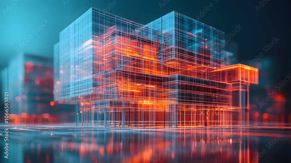 Poster a futuristic digital representation of interconnected structures illuminated by vibrant blue and ora