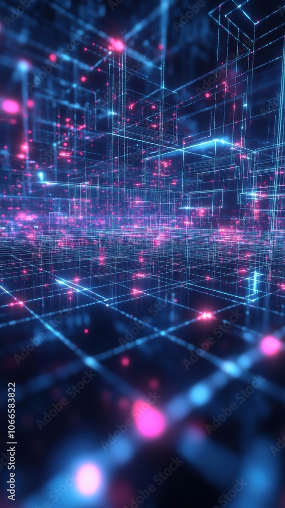 Poster futuristic wireframe grid background with glowing neon lines in a cyberpunk style