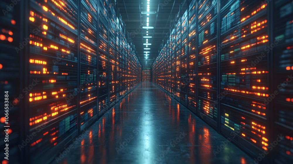 Poster A dimly lit data center filled with rows of glowing server racks, showcasing a high-tech and organized environment.