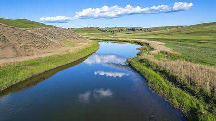 Serene River Landscape Under Blue Sky